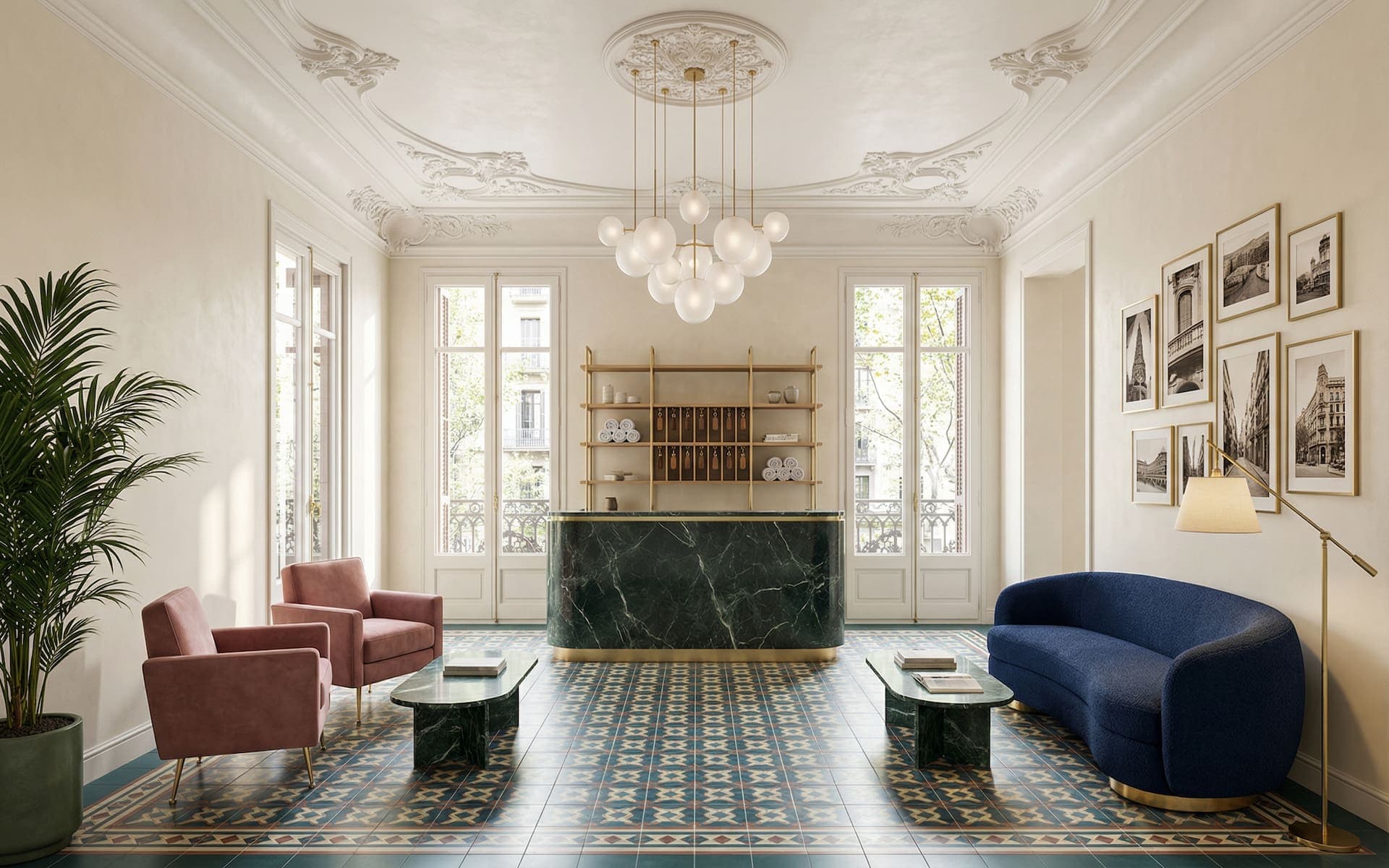 Lobby d'un boutique-hôtel aménagé par un architecte d'intérieur